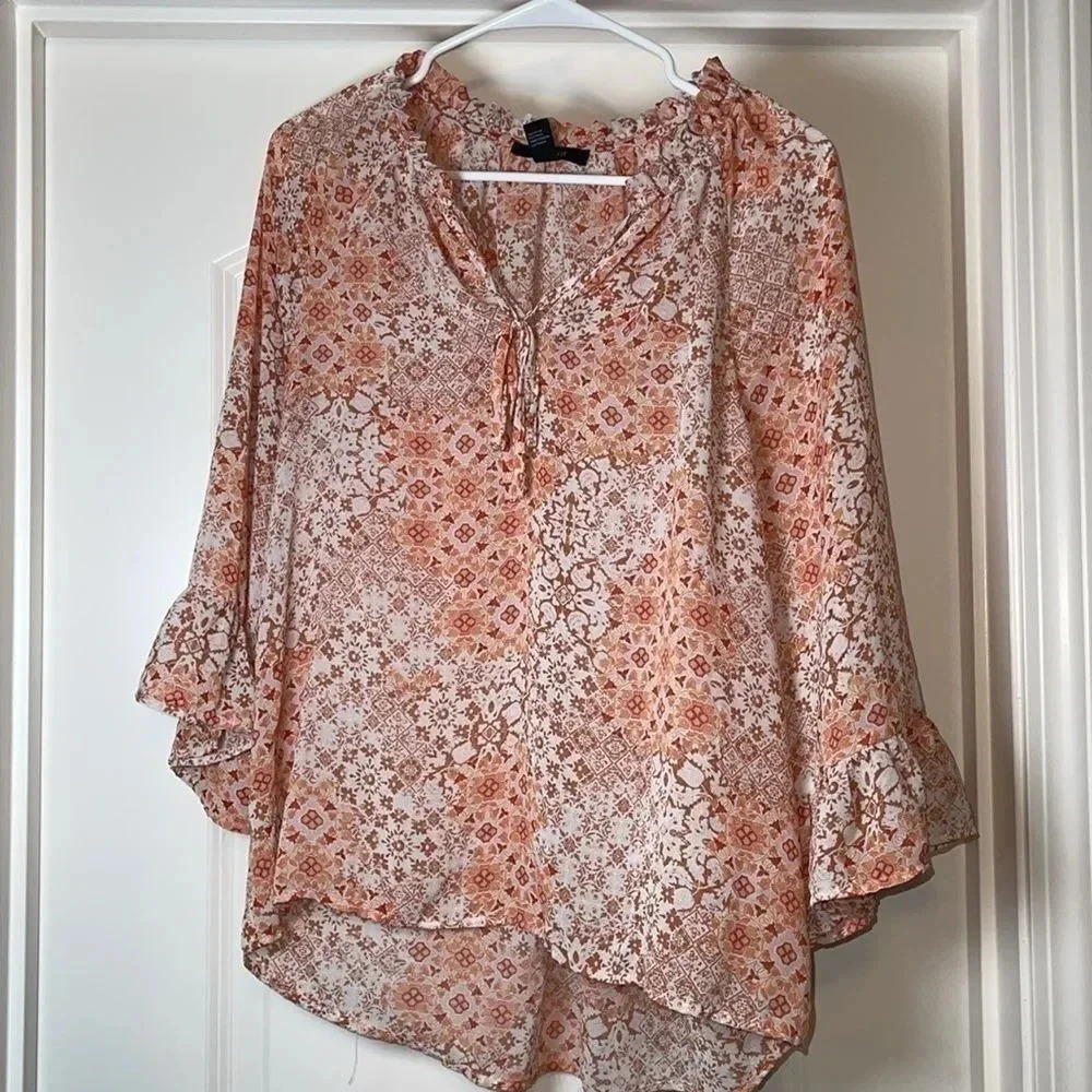 Forever 21 Orange Rust Brown Artsy 3/4 Sleeve Ruffle Drawstring Blouse - Size M